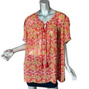 My Danielle XXL Red Orange Colorful Paisley Tunic Short Sleeve Blouse Tassels